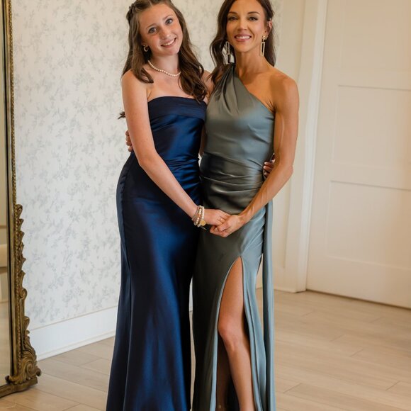 Lulu's Signature Elegance Slate Blue Satin One-Shoulder Maxi Dress-Small - Picture 4 of 5